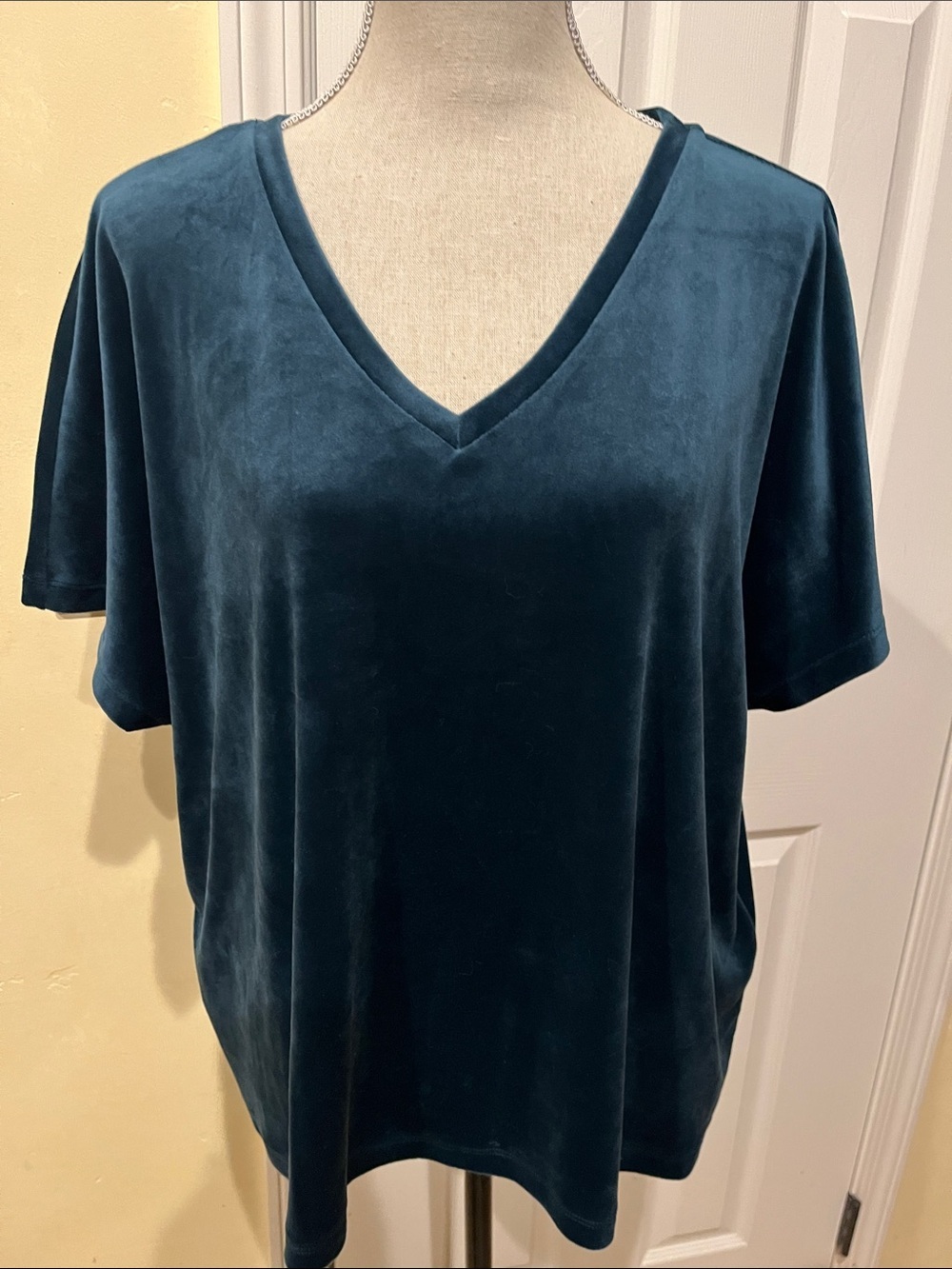 LOFT Teal Velvet V-Neck Short Sleeve Top